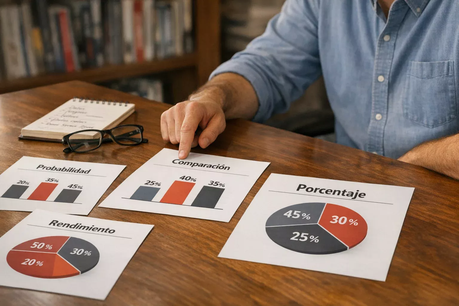 Analista deportivo estudiando documentos con estadísticas y probabilidades de partidos