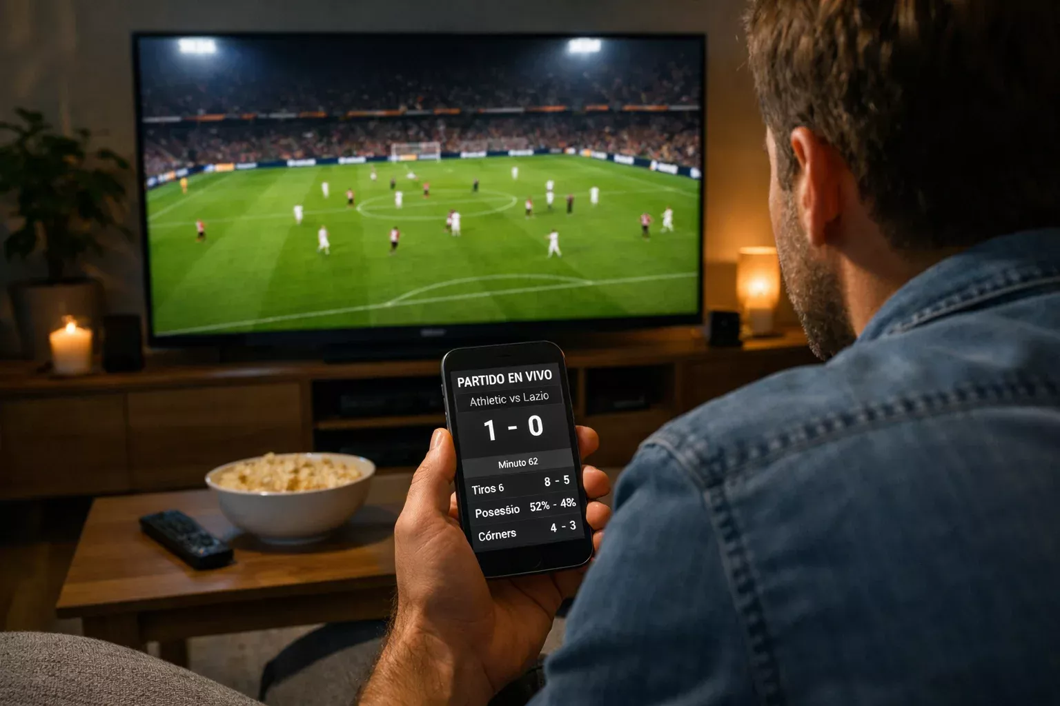 Aficionado siguiendo partido de Europa League en vivo mientras consulta cuotas en su móvil