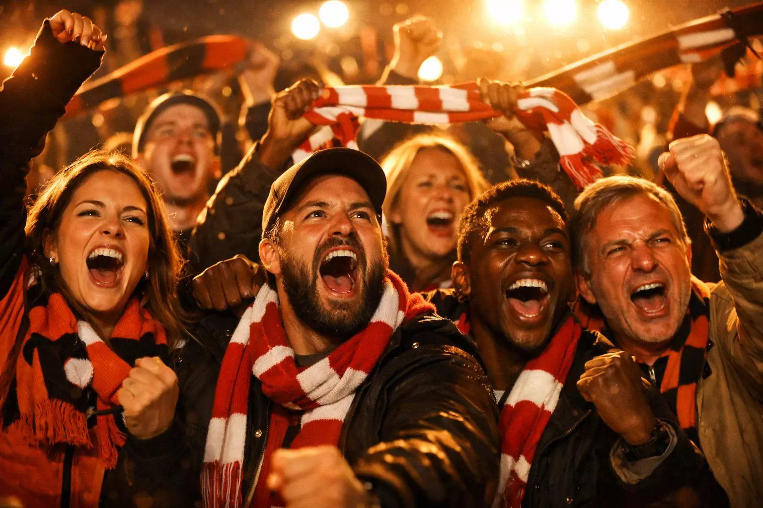 Aficionados celebrando en las gradas de un estadio europeo