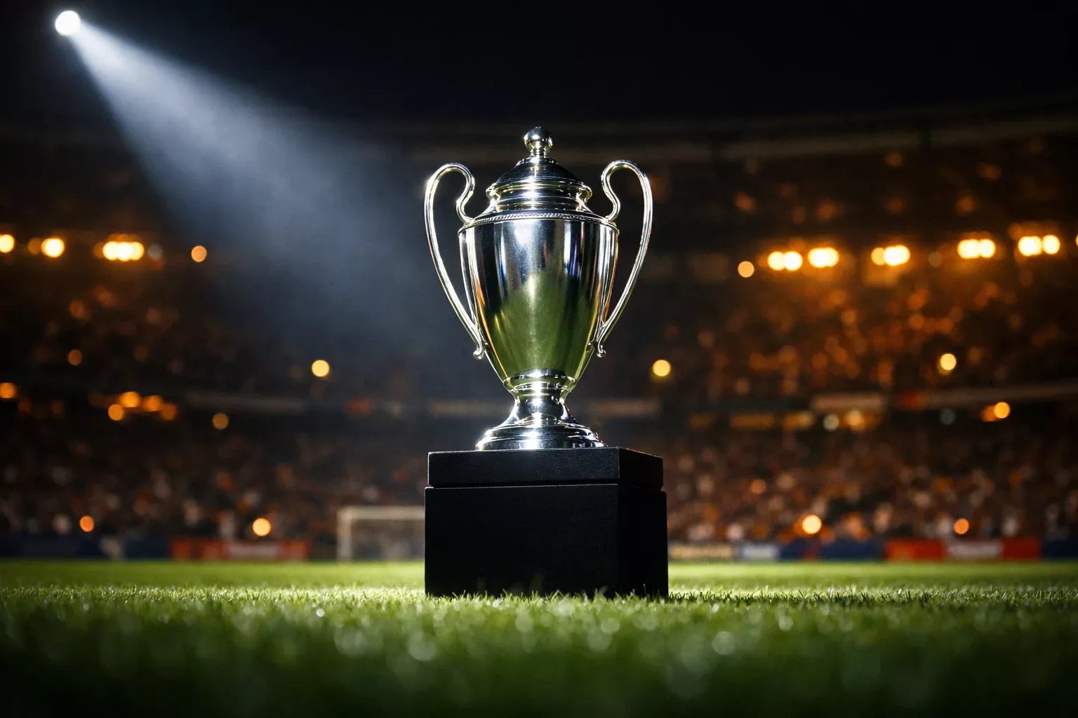 Trofeo de la Europa League sobre césped iluminado