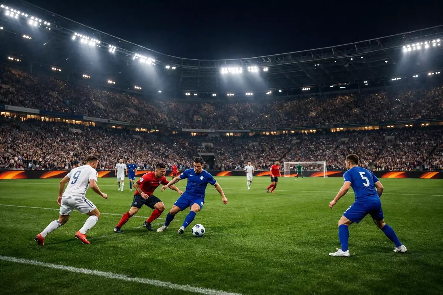 Estadio iluminado durante partido nocturno de Europa League