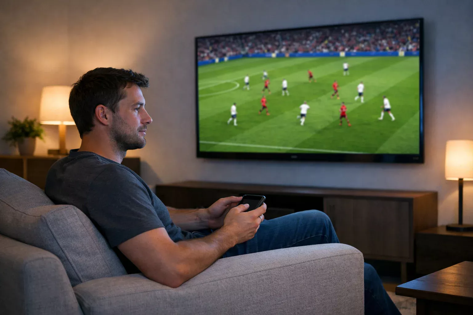 Persona analizando partido de fútbol en pantalla con smartphone