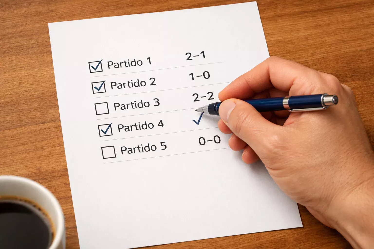 Bolígrafo marcando selecciones en hoja de análisis deportivo