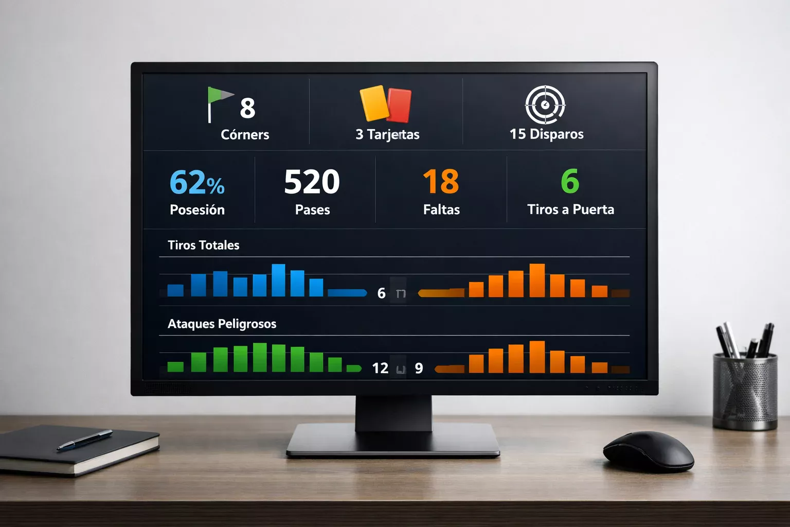 Pantalla mostrando estadísticas de córners y tarjetas