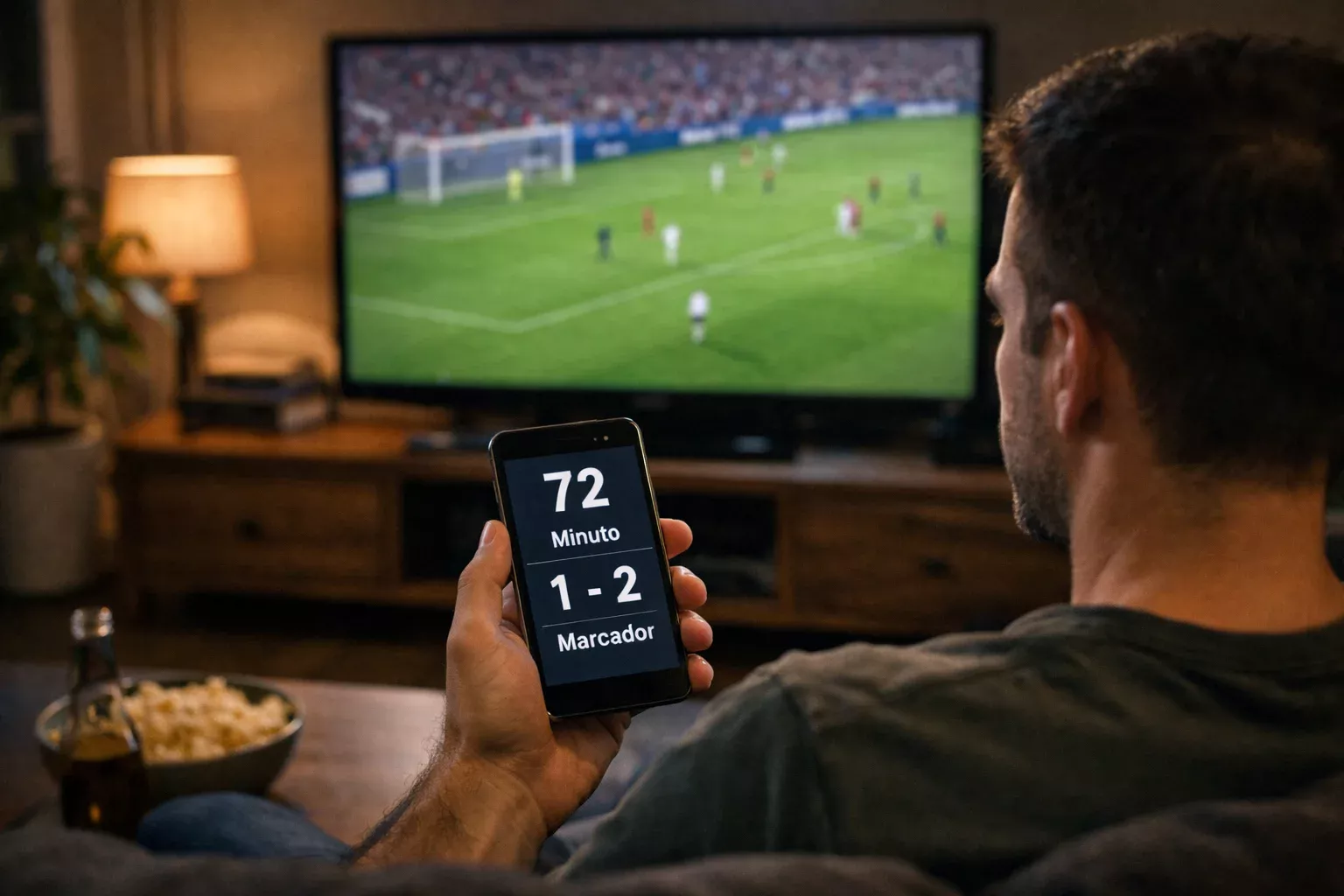 Aficionado viendo partido en directo con móvil en mano