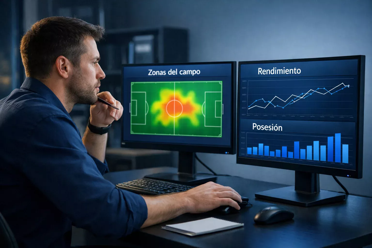 Analista revisando datos de rendimiento en monitor