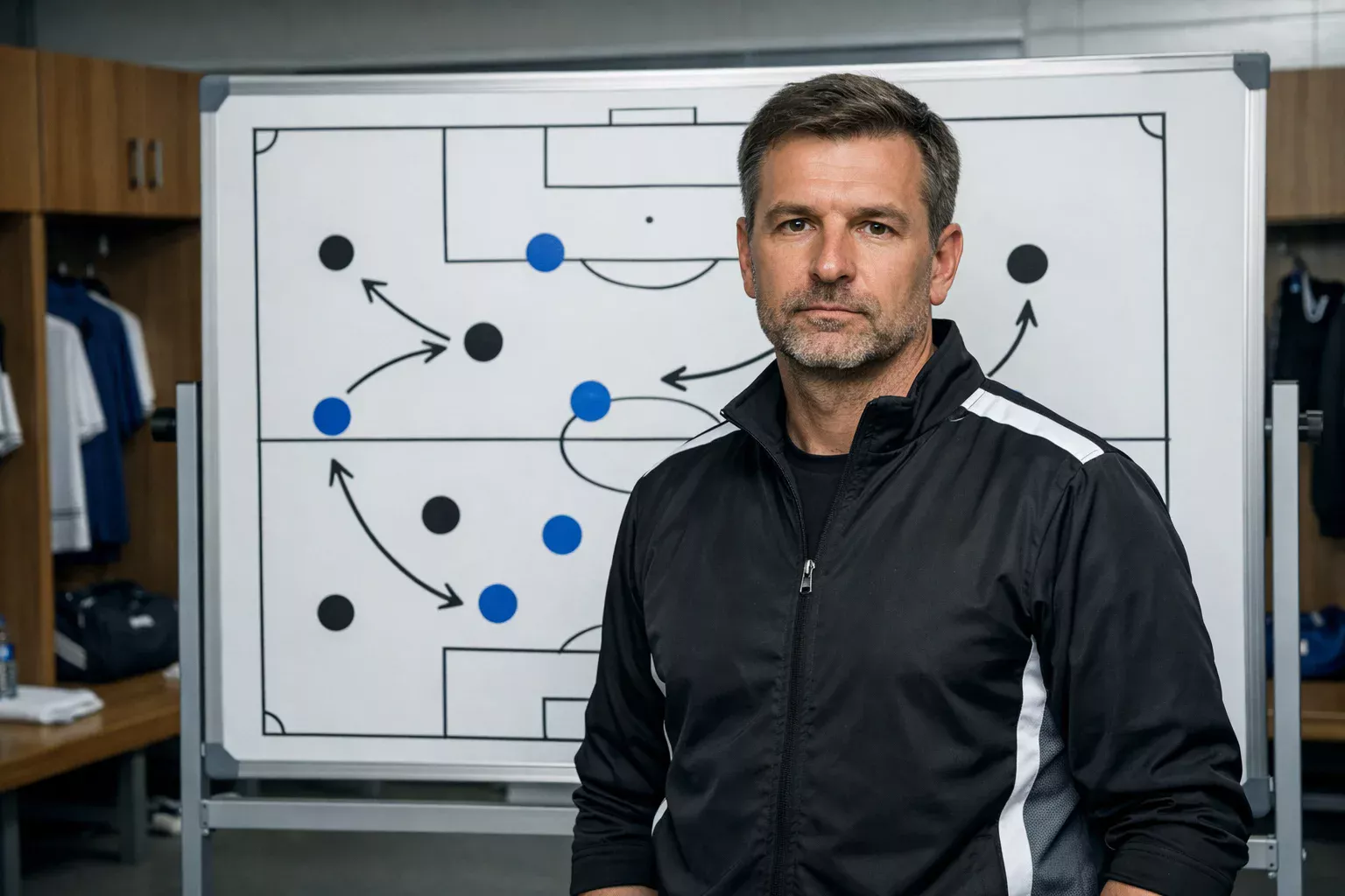 Entrenador analizando tácticas con pizarra en vestuario