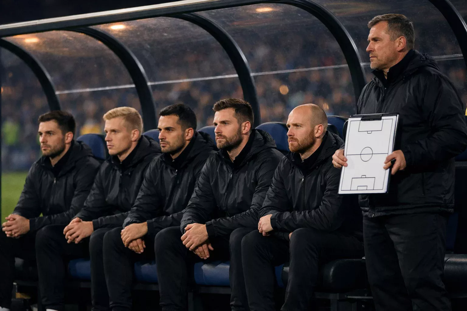 Banquillo de suplentes durante partido nocturno