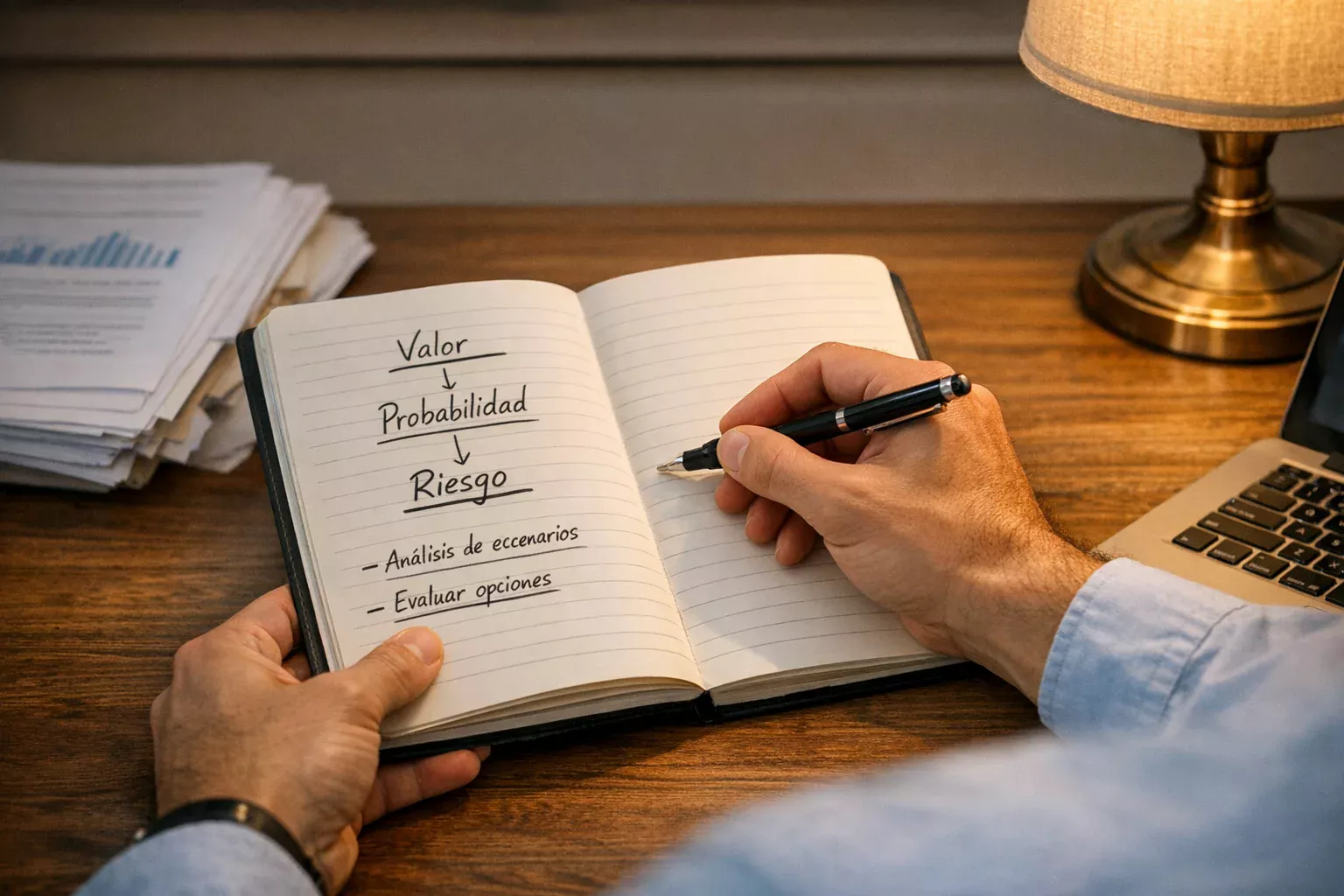 Persona concentrada tomando notas durante análisis deportivo