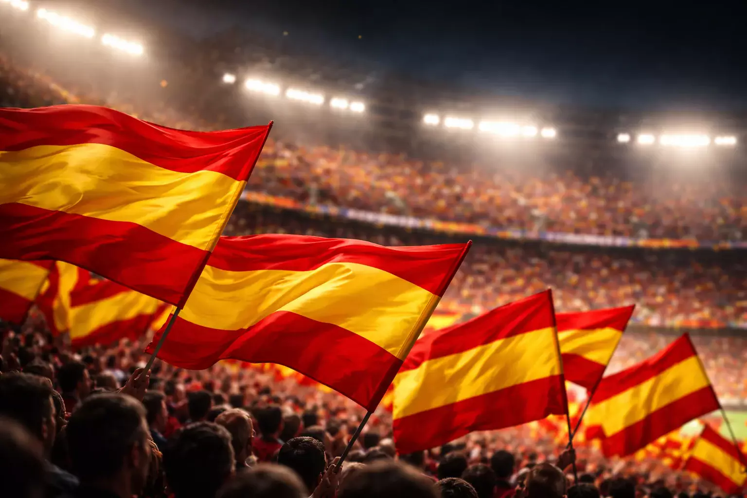 Banderas de España ondeando en estadio de fútbol europeo