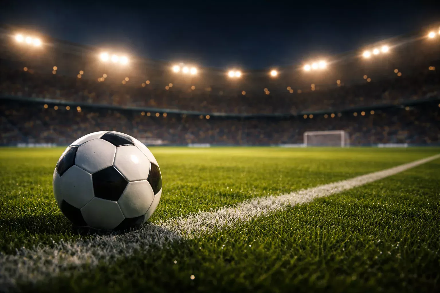 Primer plano de un balón de fútbol sobre el césped de un estadio europeo iluminado de noche