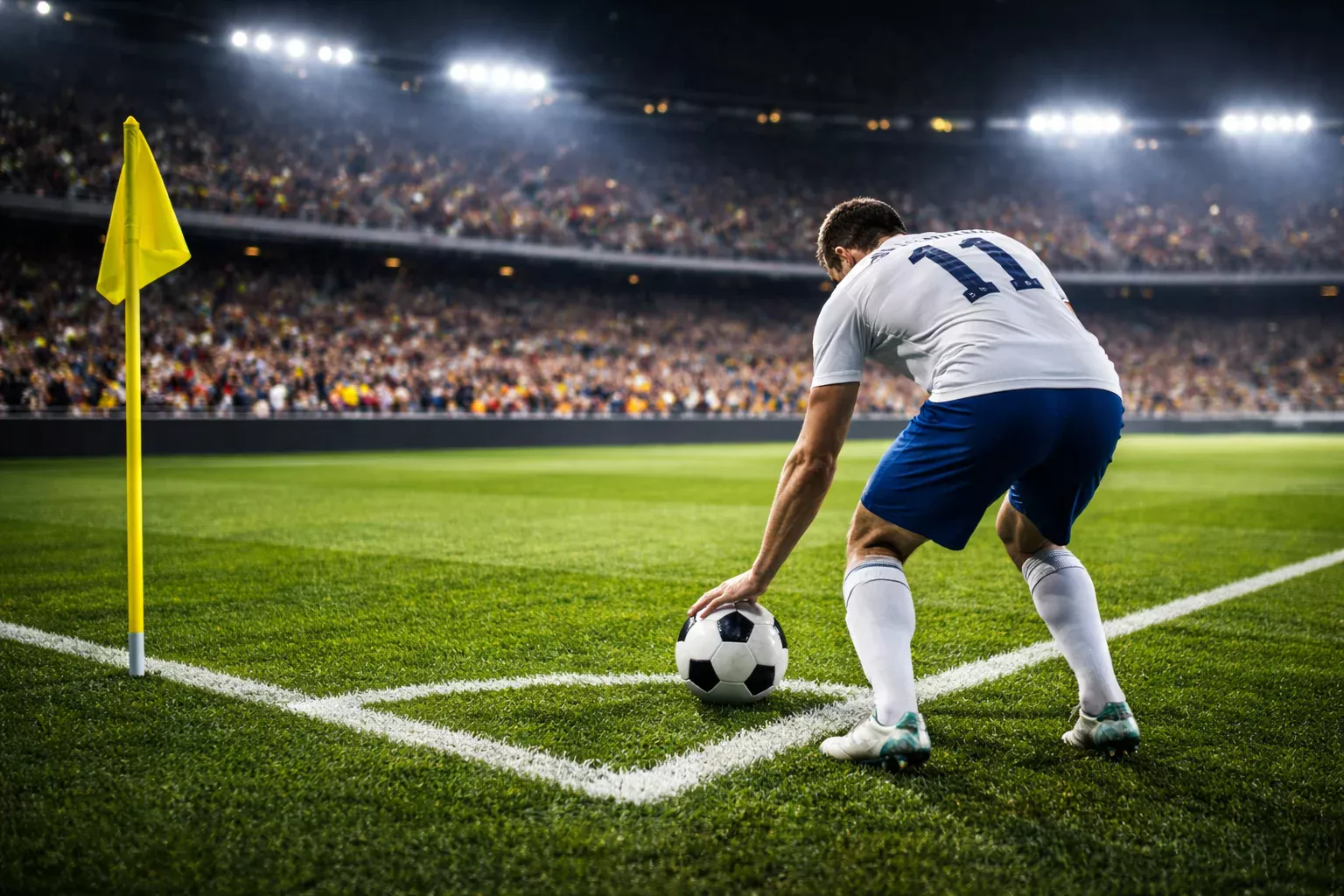 Jugador de fútbol ejecutando un saque de esquina en un estadio lleno de aficionados bajo los focos nocturnos