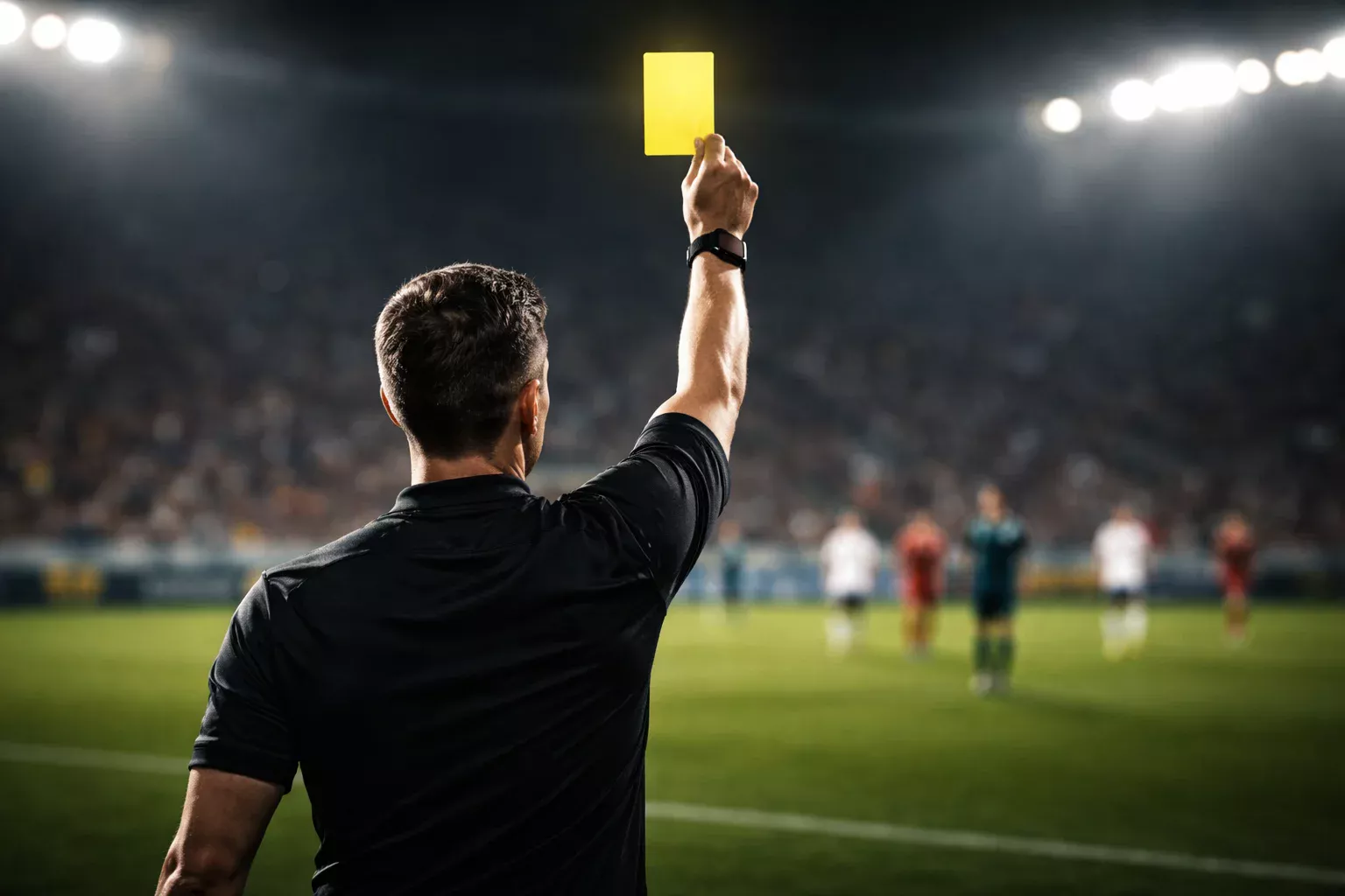 Árbitro de fútbol mostrando una tarjeta amarilla durante un partido nocturno en un estadio europeo