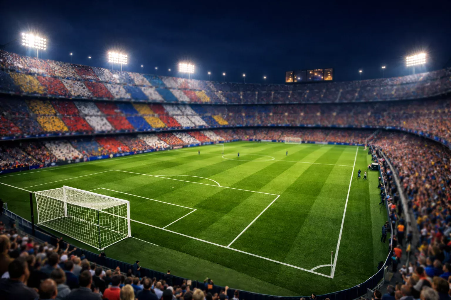 Panorámica de un estadio de fútbol lleno durante una eliminatoria nocturna de Europa League