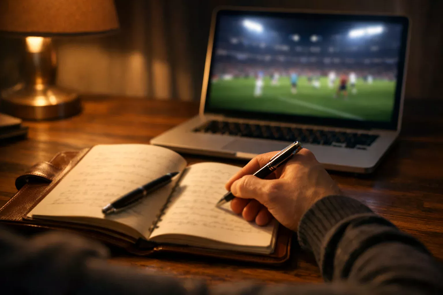 Persona tomando notas en un cuaderno junto a un portátil con un partido de fútbol en pantalla