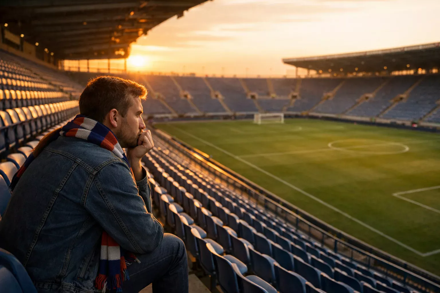 Aficionado de fútbol pensativo sentado en las gradas vacías de un estadio al atardecer