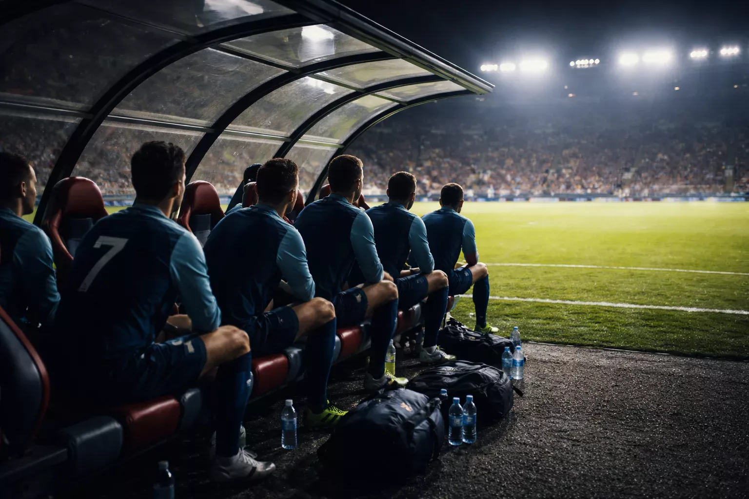 Banquillo de un equipo de fútbol con jugadores suplentes observando el partido en un estadio iluminado