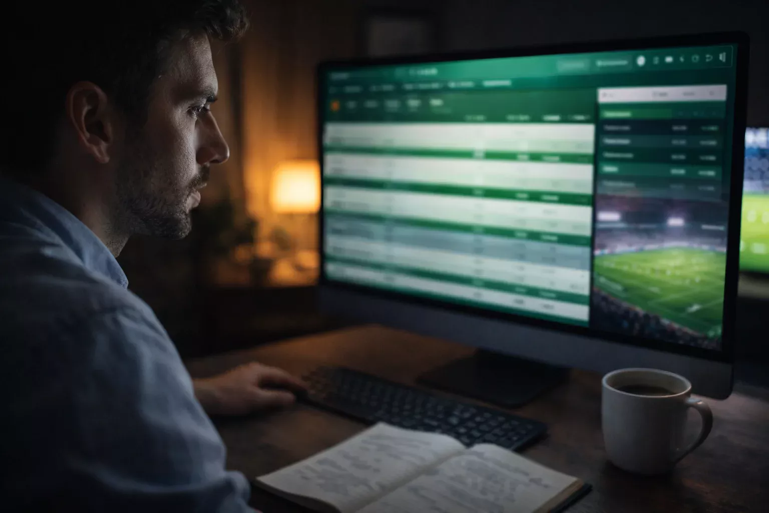 Persona comparando cuotas de apuestas deportivas en una pantalla de ordenador durante un partido de fútbol