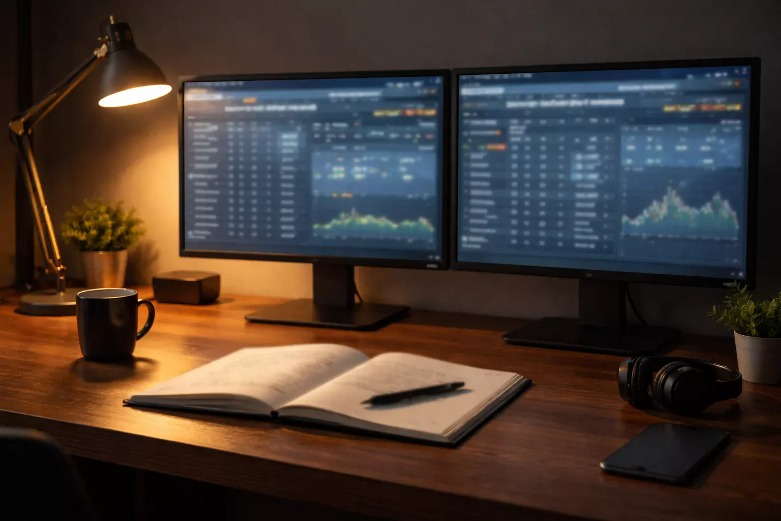 Dos pantallas de ordenador mostrando datos deportivos en un escritorio ordenado con luz cálida lateral