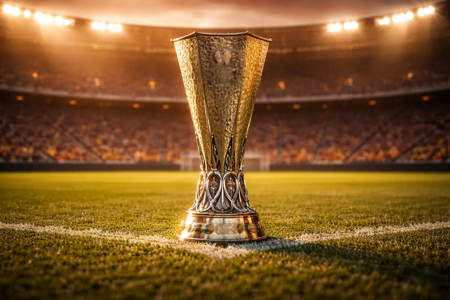 Trofeo de la Europa League sobre el césped de un estadio español iluminado de noche