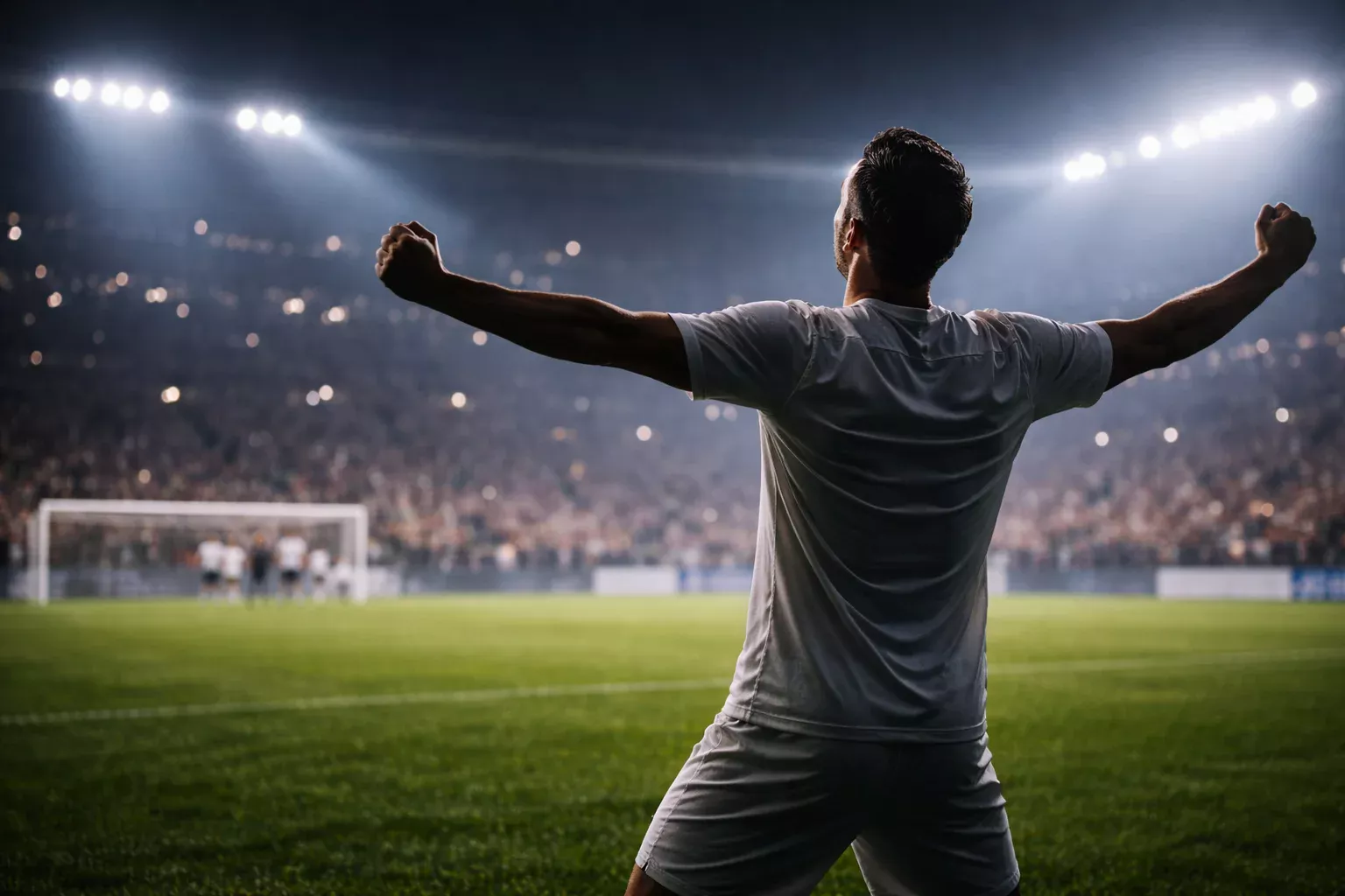 Delantero celebrando un gol en un estadio europeo durante un partido nocturno de Europa League