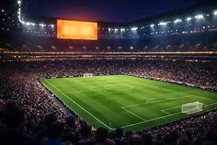Grupo de aficionados en la grada de un estadio europeo siguiendo la tabla de clasificación en el marcador