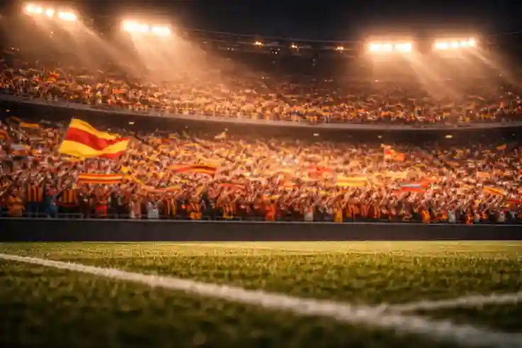 Estadio lleno de aficionados animando al equipo local en un partido nocturno de Europa League