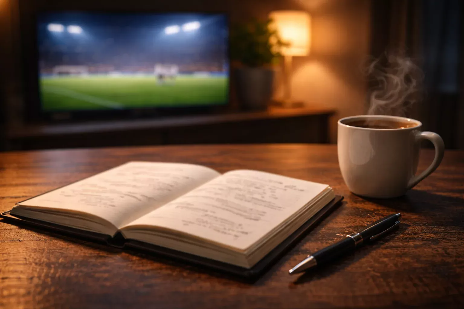 Persona planificando con un bloc de notas y bolígrafo junto a un partido de fútbol europeo en pantalla
