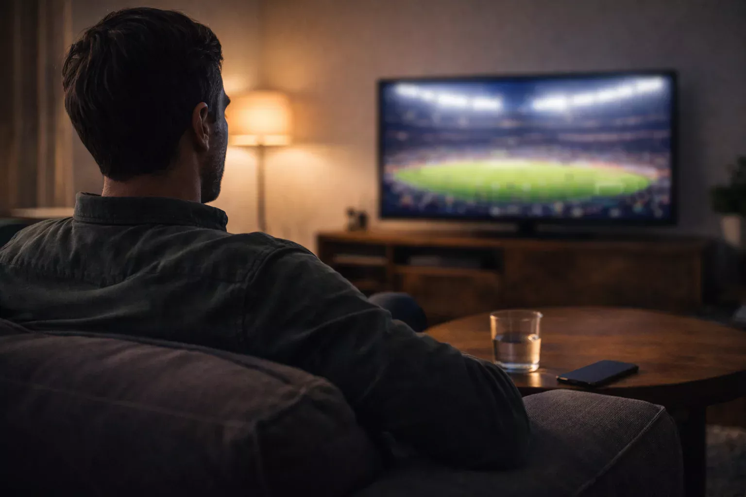 Persona reflexionando tranquilamente frente a una pantalla con un partido de fútbol, en un ambiente sereno