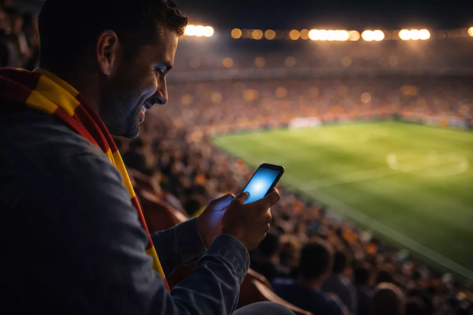 Aficionado sonriente consultando ofertas de apuestas deportivas en su teléfono móvil durante un partido