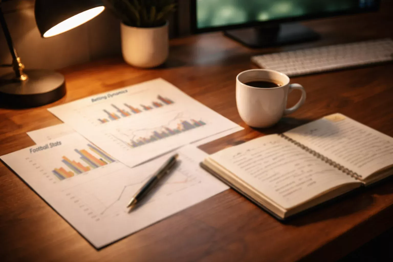 Analista deportivo revisando estadísticas de fútbol en un escritorio con documentos y pantalla de datos