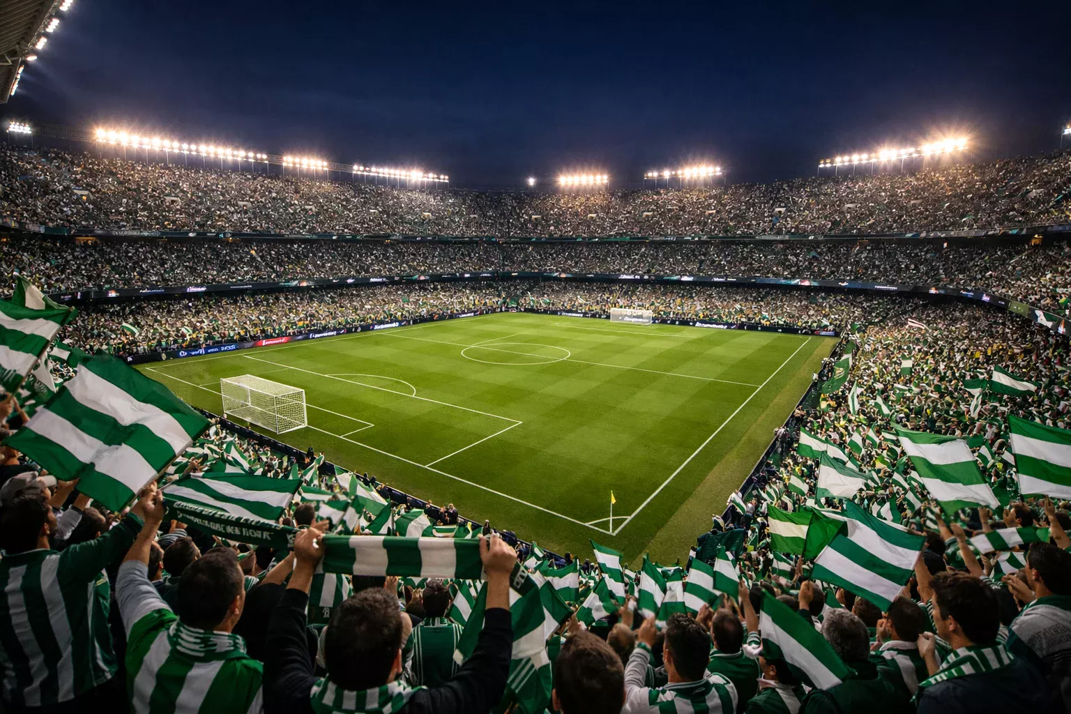 Estadio Benito Villamarín iluminado durante una noche de partido europeo con aficionados en las gradas