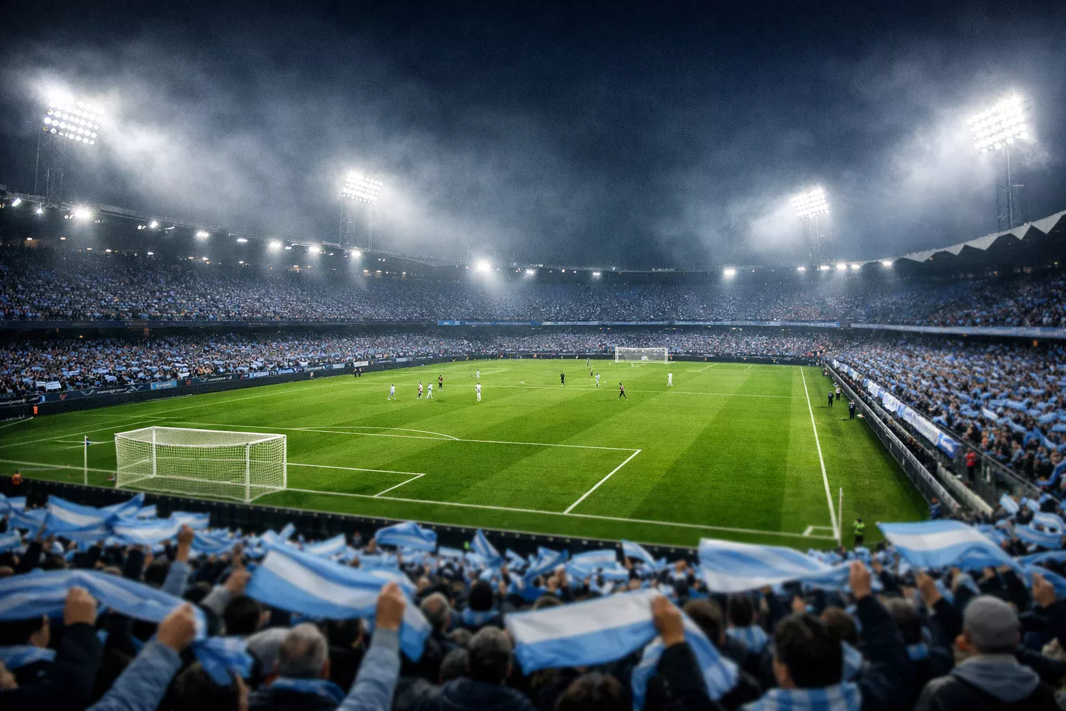 Estadio de Balaídos de noche con el césped iluminado por los focos y la grada animando al equipo local