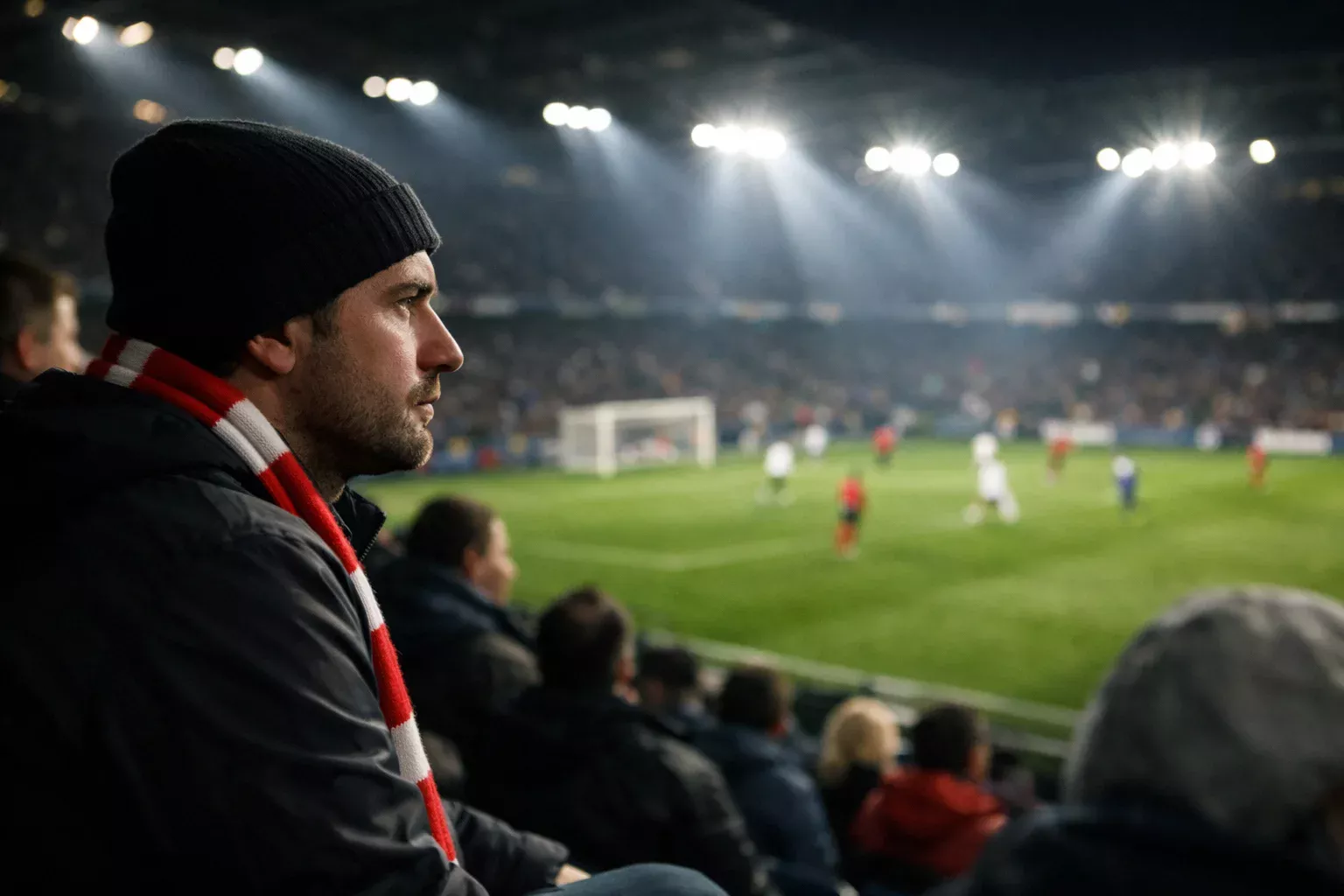 Aficionado siguiendo un partido de fútbol europeo en directo desde la grada con el campo iluminado al fondo