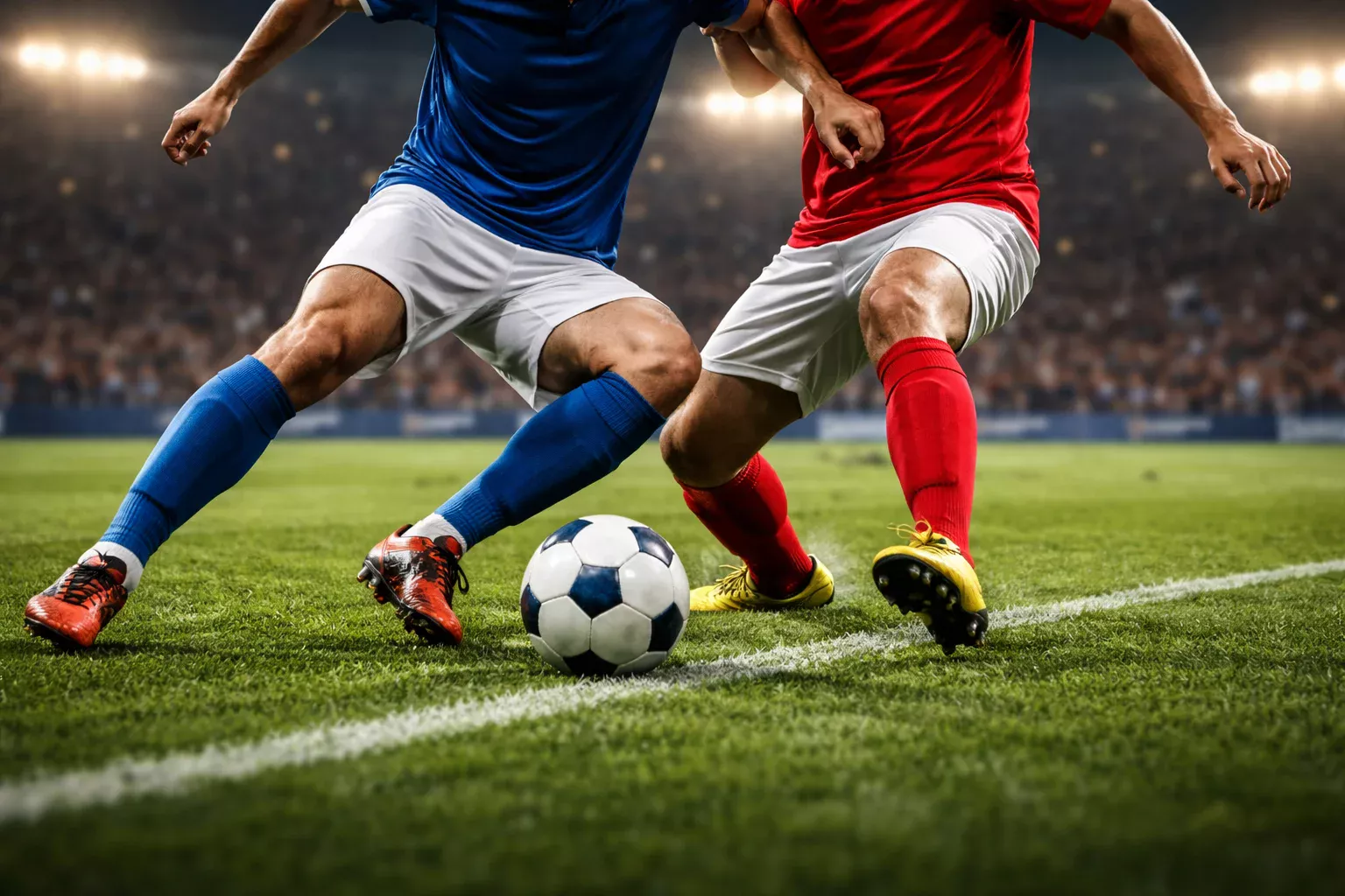 Momento de un partido de fútbol europeo nocturno con dos equipos disputando el balón en el centro del campo