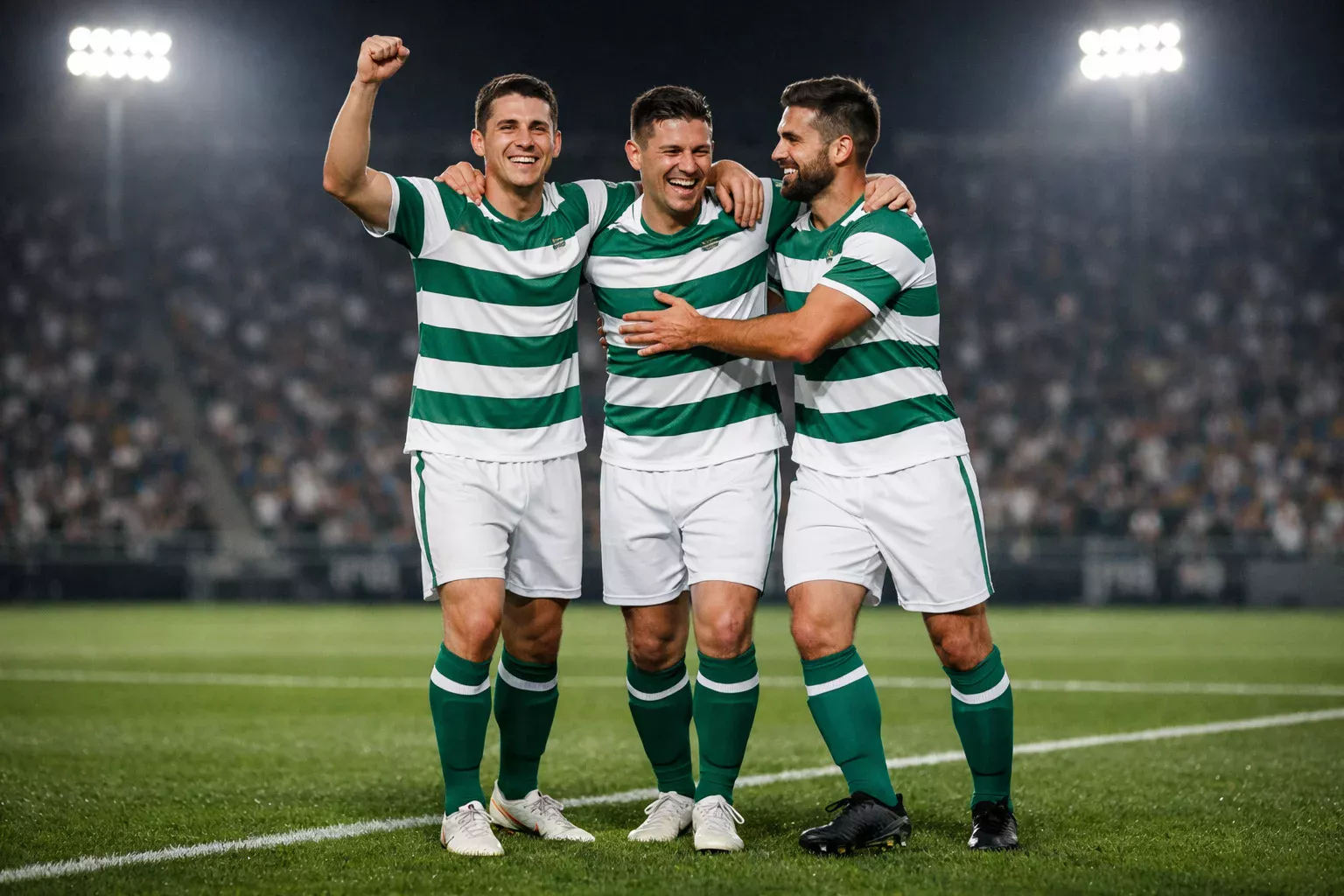 Jugadores de fútbol español celebrando un gol en competición europea nocturna