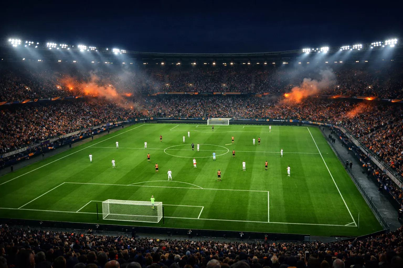 Estadio de fútbol europeo iluminado en noche de Europa League con aficionados en las gradas